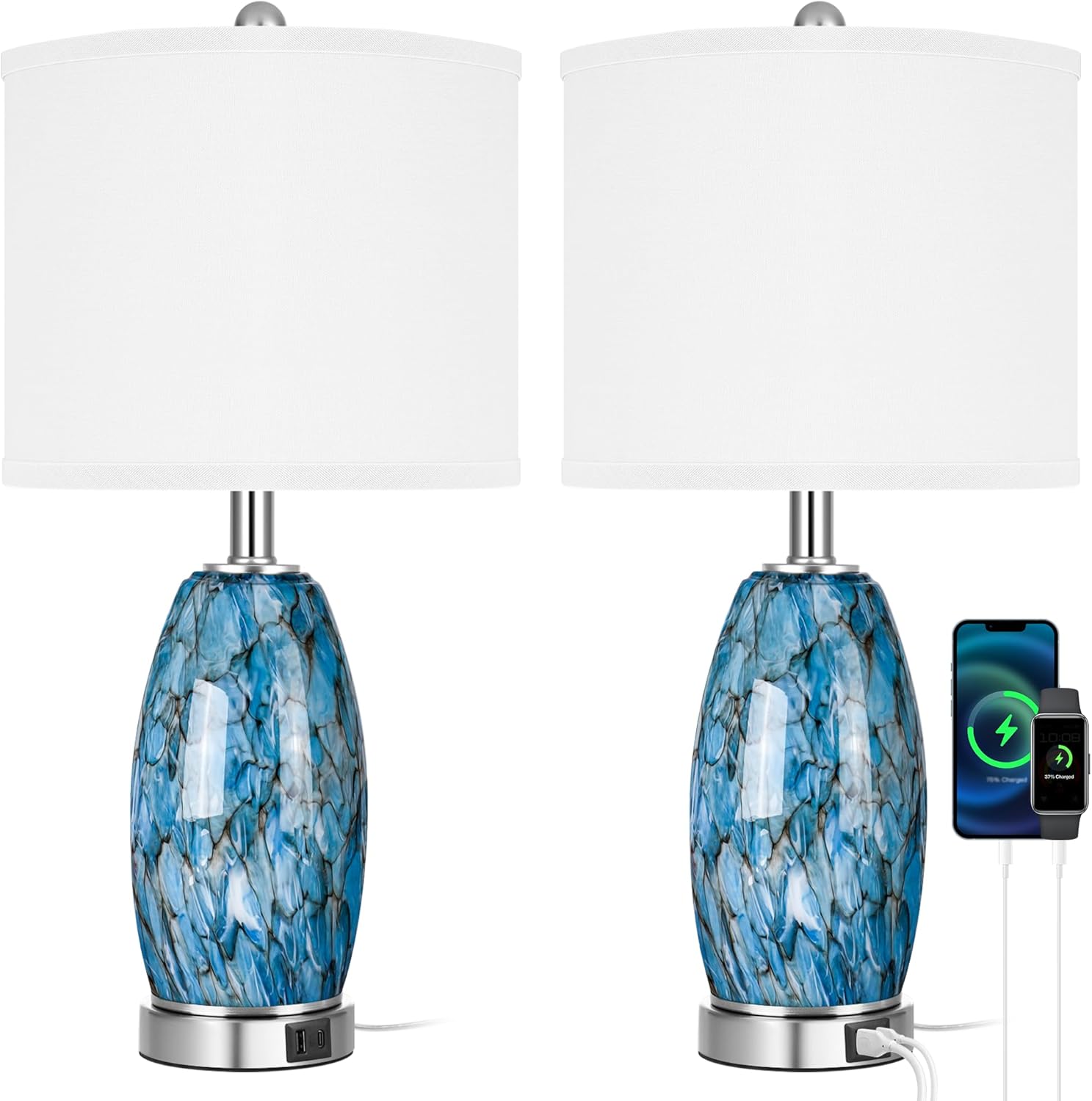Modern Coastal Table Lamps 23” High Blue Gray Handcrafted from Art Glass Bedside Lamps, for Bedroom Living Room Home Nightstand Table Lamp(with USB C+A 5V 2.1A Charging Ports)