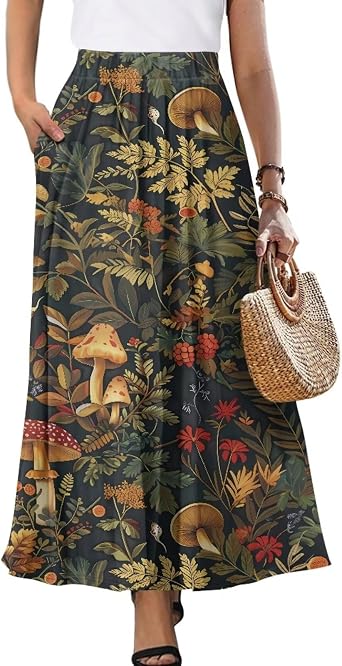 Womens Maxi Skirts with Pockets Flowy Autumn Maxi Skirts Pleated High Waisted Midi Long Skirt, S-XXL