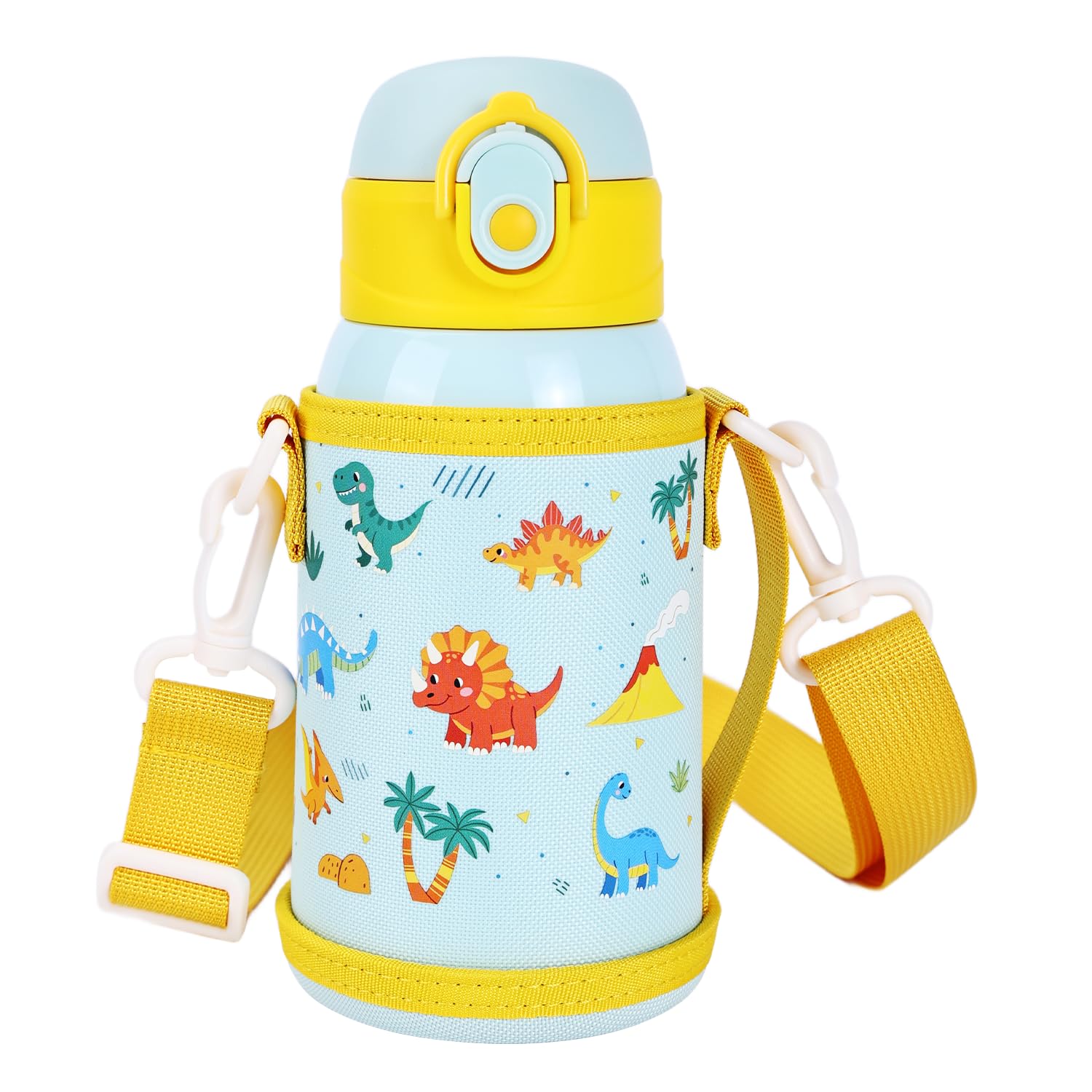 SANTECO Kinder Thermosflasche 550ml, 316L Edelstahl, Auslaufsicher, BPA-frei, Strohhalm, Vakuum-Isoliert, Für Schule & Kindergarten (Dinosaurier)
