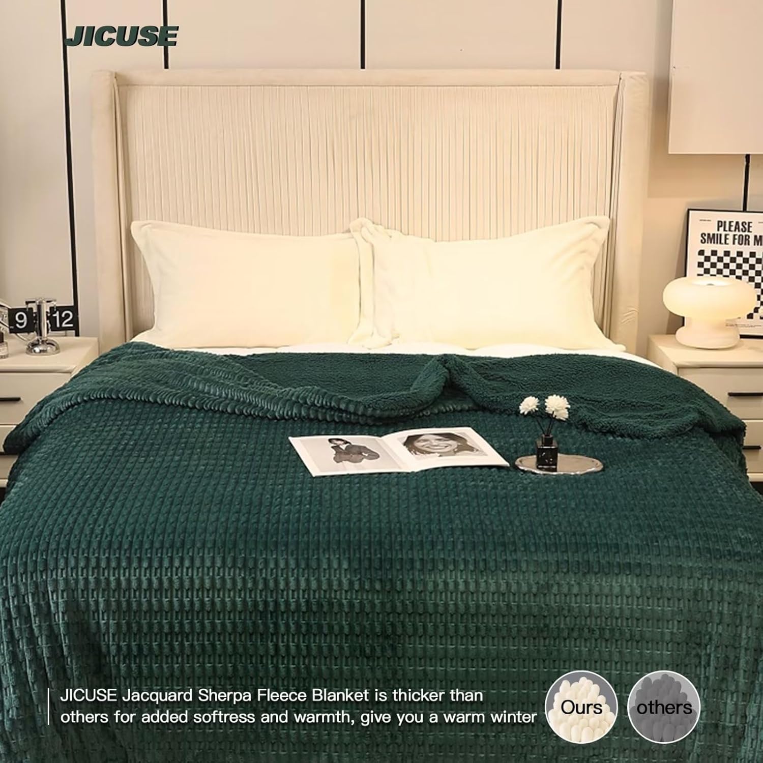 Sherpa Fleece Throw Blanket for Couch, Cozy Soft Warm Reversible Blankets for Bed and Sofa, 3D Jacquard Thick Fuzzy Plush Decorative Throw Blanket for All Seasons, Green, 50x60 Inches