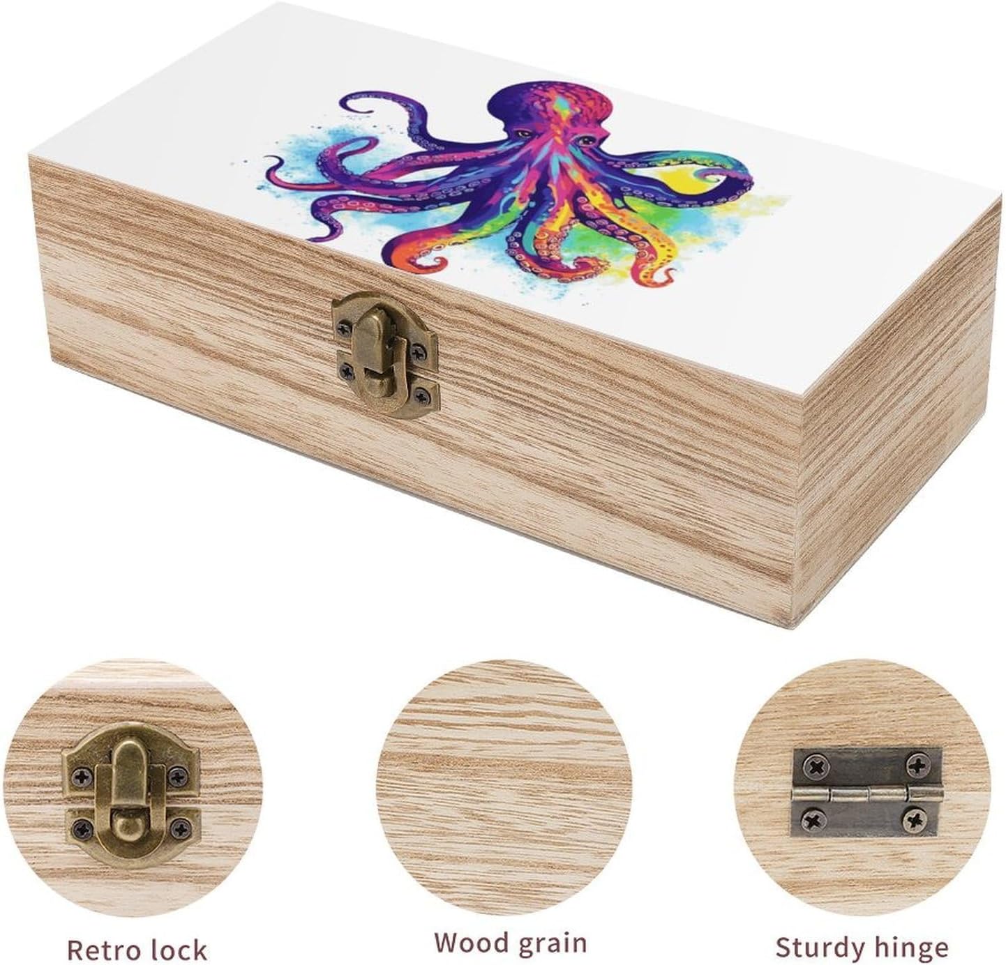 Colorful Octopus Wooden Storage Box Rectangular Wood Keepsake Box with A Hinged Lid Tabletop Decorative Organization Boxes Jewelry Container for Home Office Counter image 3