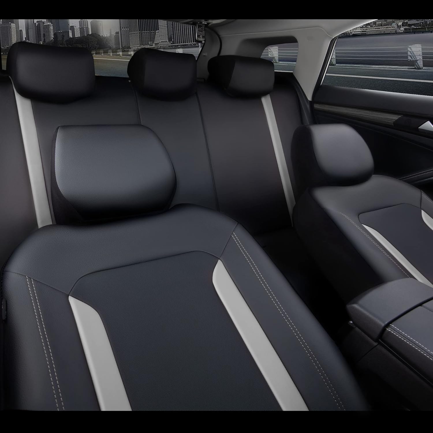 CAR PASS Universal Leather Car Seat Covers Full Set, Waterproof Durable PU, Airbag SRS, 2zipper in Rear, Faux Leather Seat Covers 5 Seats Fit for SUV Pick-up Truck Vehicle Black with Grey