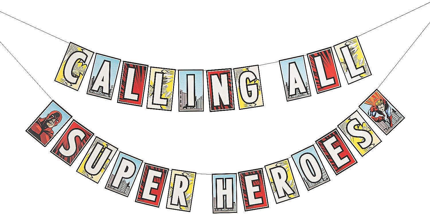 Fun Express Comic Book Super Hero Party Banner - 2 Pack 7 ft Birthday Party Banner - Comic Book Party Theme - Super Hero Birthday Pennant Banner Wall Decoration Party Set