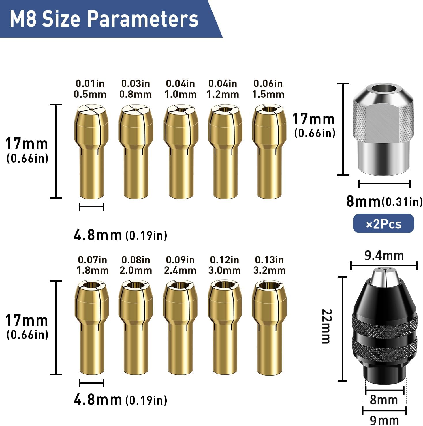 Drill Chuck Collet Set 15 Pcs,Brass Collet Set,Collet Nut Kit,0.8-3.2mm Small Electric Drill Bit Collet, Micro Twist Drill Chucks Adapter for Rotary Tools (Not suitable for Dremel Tool)
