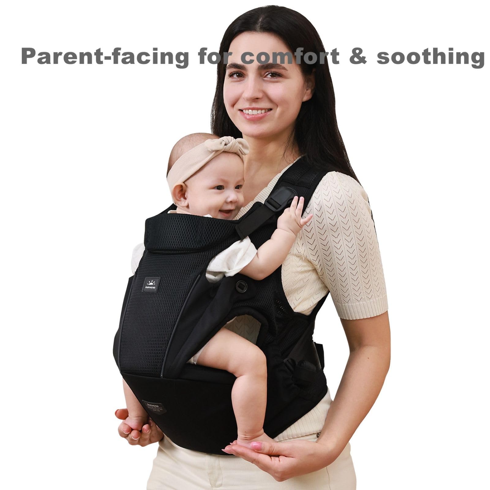 SUNVENO Babytrage mit Hüftsitz, Ergonomische Hüftsitz Babytrage für Neugeborene und Kleinkinder 3–20 kg, Atmungsaktives Mesh-Gewebe, Verstellbar, Front- und Rückentrageweise