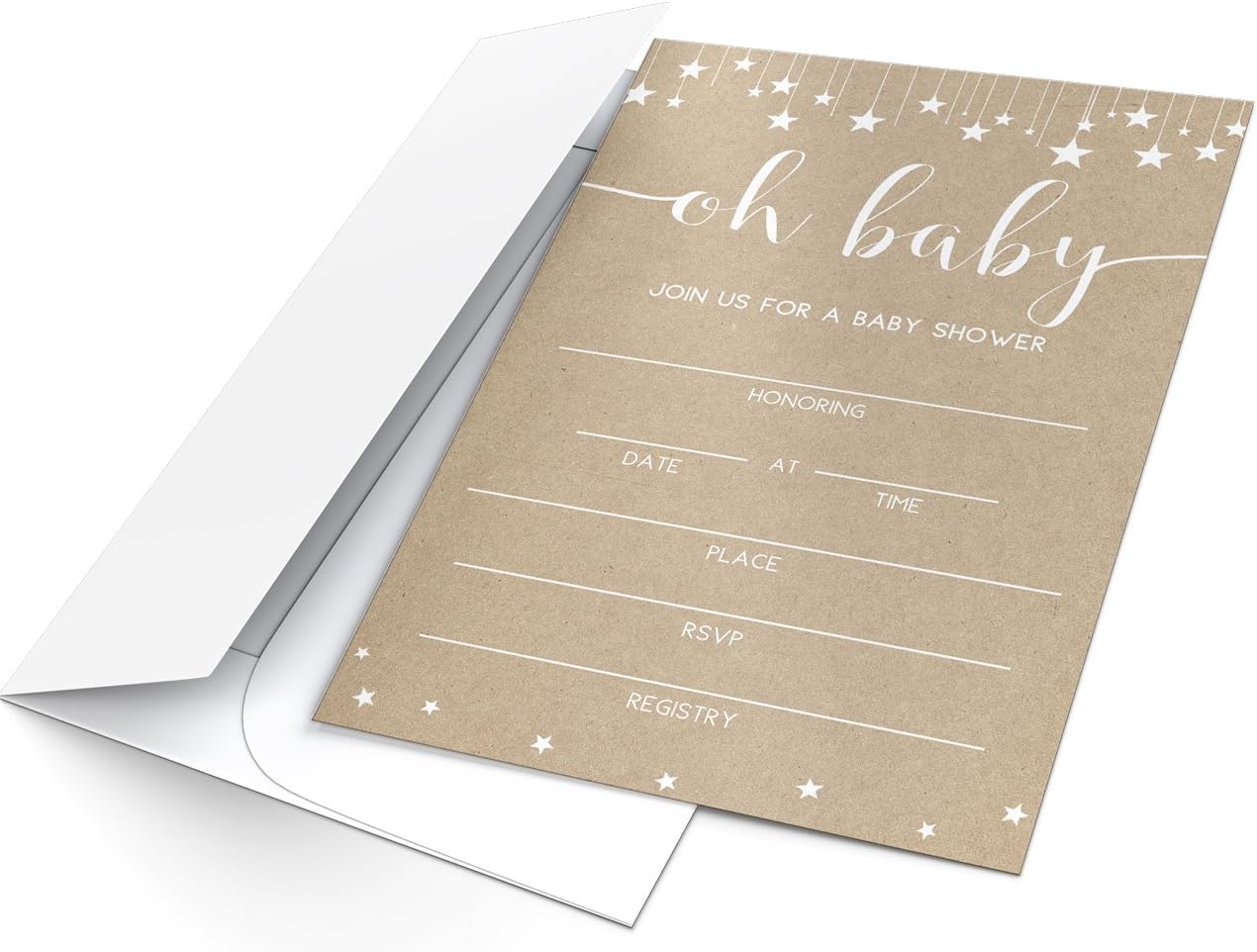 Printed Party Baby Shower Invitations and Envelopes, Rustic Kraft, Set of 25