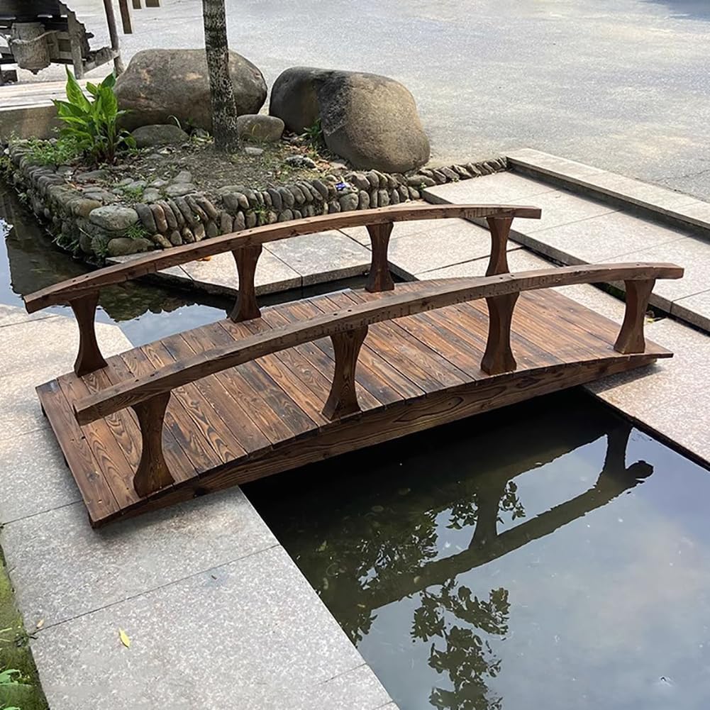 Versatile Rustic Wooden Garden Bridge, Japanese Classic Wooden Arch Bridge, Colorful Decorative Pond Landscape Bridge with Double Side Safety Fence, Dark Brown,L180×w80×h48cm