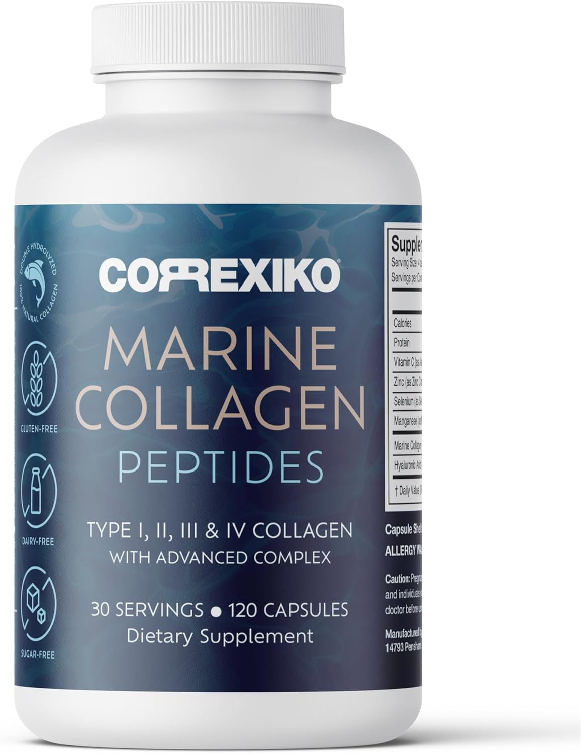 CORREXIKO Marine Collagen Supplement Pills – 1800mg Hydrolyzed Collagen Peptides per Serving with Added Hyaluronic Acid, Vitamin C & Minerals – for Hair, Skin & Nails – 120 Capsules 30 Day Supply CORREXIKO Marine Collagen Supplement Pills – 1800mg Hydrolyzed Collagen Peptides per Serving with Added Hyaluronic Acid, Vitamin C & Minerals – for Hair, Skin & Nails – 120 Capsules 30 Day Supply