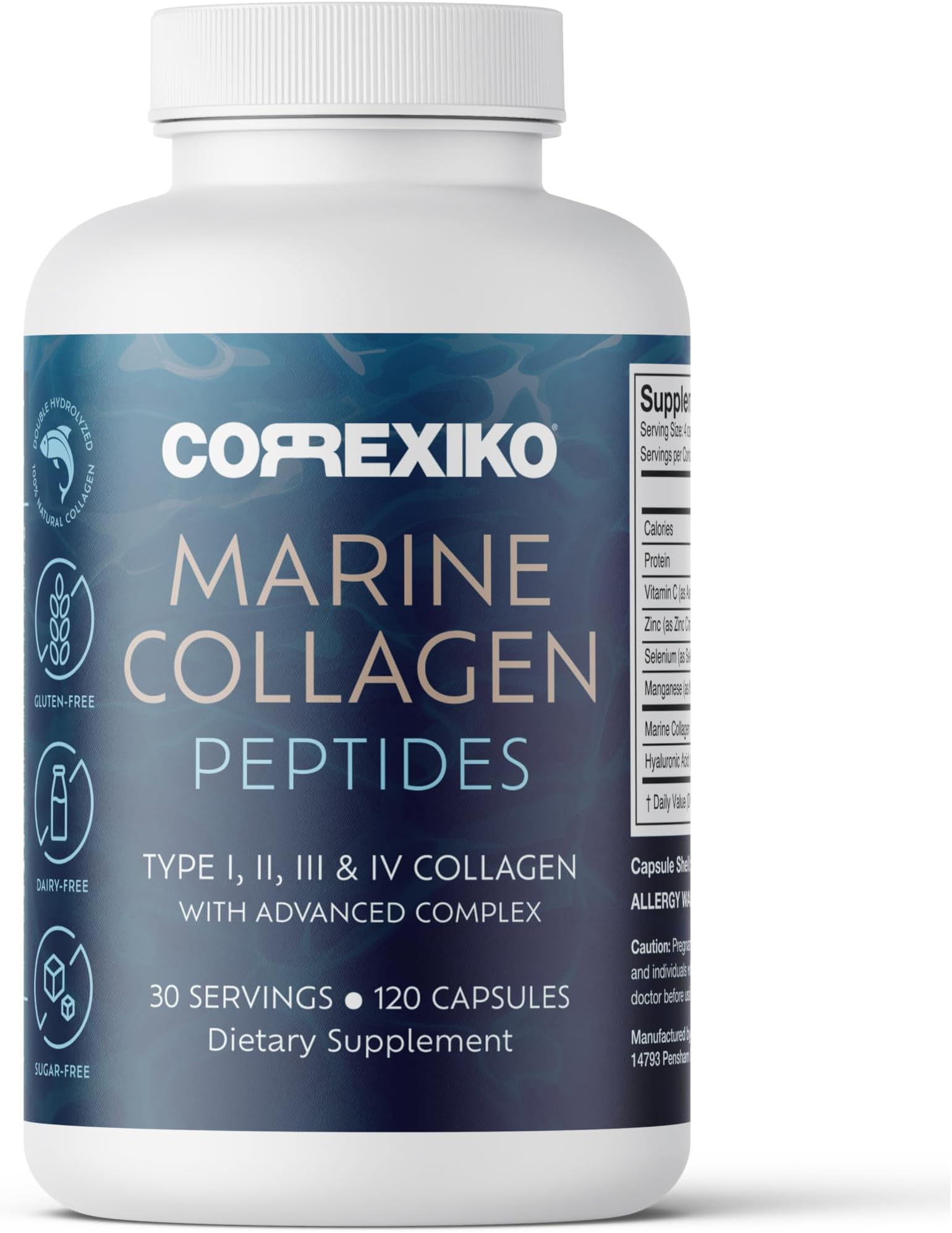 CORREXIKO Marine Collagen Supplement Pills - 1800mg Hydrolyzed Collagen Peptides per Serving with Added Hyaluronic Acid, Vitamin C & Minerals - for Hair, Skin & Nails - 120 Capsules 30 Day Supply