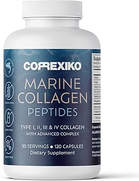 حبوب مكملات الكولاجين البحرية CORREXIKO - 1800mg ببتيدات الكولاجين المتحللة لكل حصة مع حمض الهيالورونيك المضاف ، فيتامين C & المعادن - للشعر والبشرة والأظافر - 120 كبسولة 30 يومًا