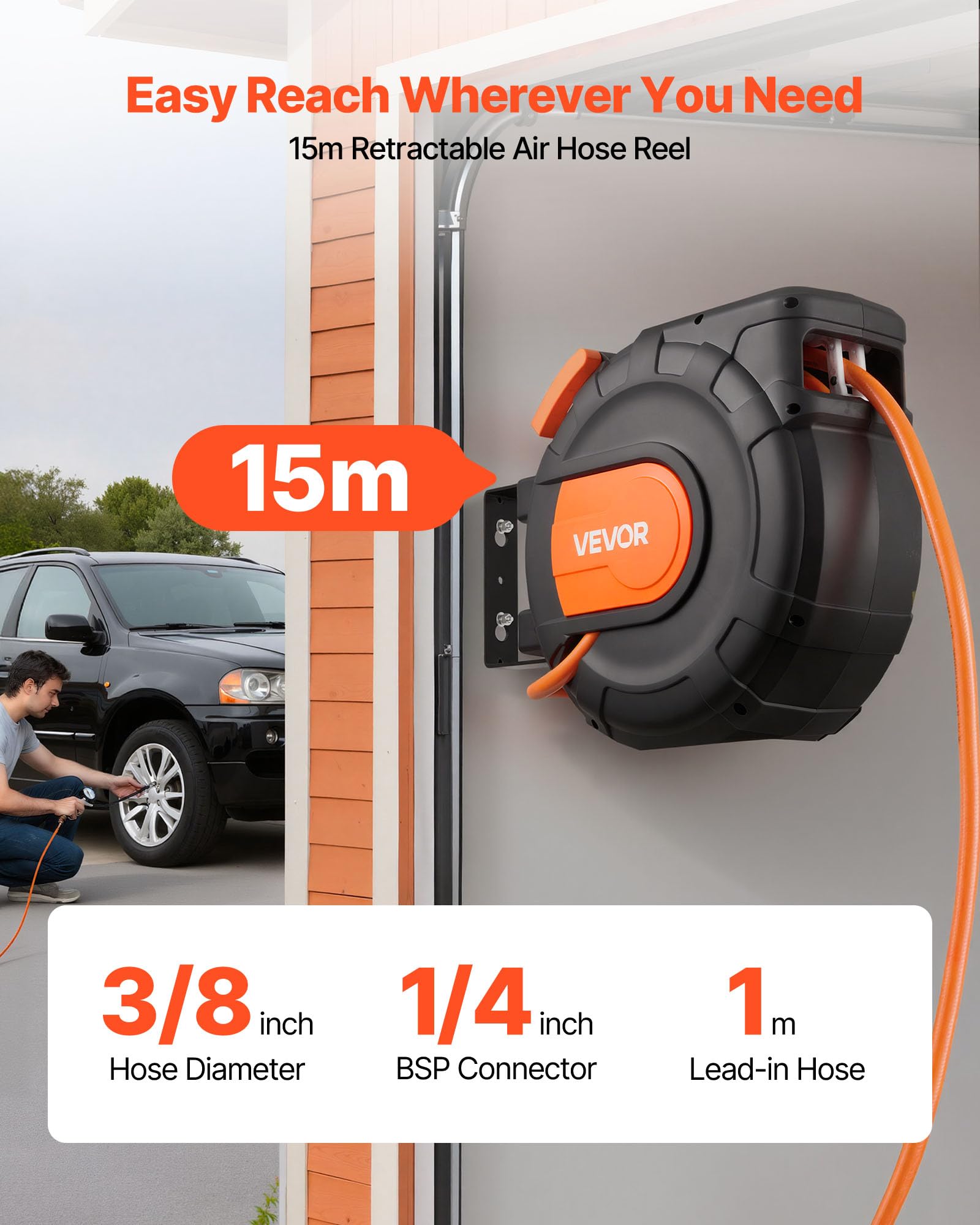 VEVOR Carrete de Manguera de Aire Retráctil 15 m x 9,5 mm, Manguera para Compresor de Aire Presión Máxima de 300 PSI, con Entrada de 1 m, Montaje en Techo o Pared Giratorio de 180°, para Garaje