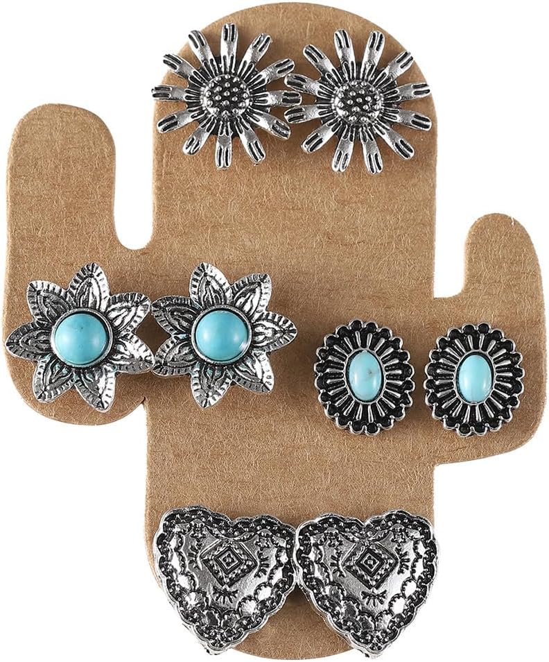 5 Pairs Stud Western Cowgirl Turquoise Earring Set Vintage Boho Retro Dainty Cowboy Boot Stud Earrings Statement Western Country Jewelry for Women