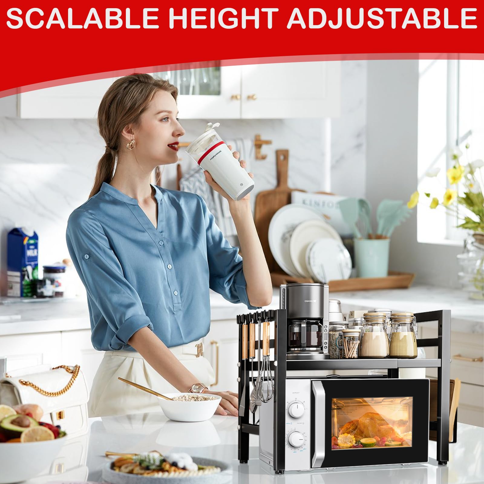 UCAMP Soporte Ajustable para Microondas,Soporte Extensible para Microondas de 2 Niveles,Estante Expandible para Microondas,Soporte para Microondas y Horno Cocina con 6 Ganchos