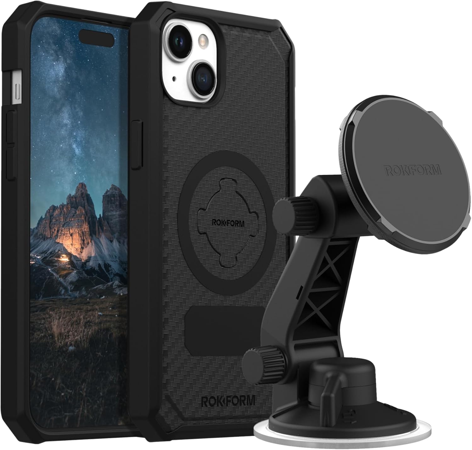 Rokform - iPhone 15 Plus Rugged Case + Magnetic Windshield Suction Phone Mount
