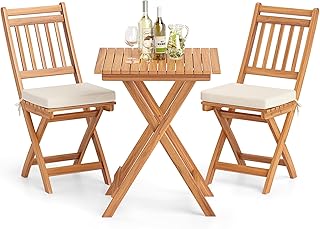 Tangkula Acacia Wood Patio Bistro Set of 3, Outdoor Folding Chair Table ...