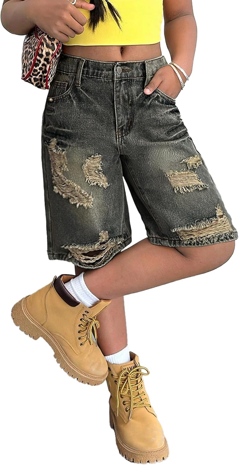 Girls Jean Shorts Y2k Baggy Ripped High Elastic Waisted Bermuda Denim Shorts Casual Wide Leg Streetwear 7-14Y