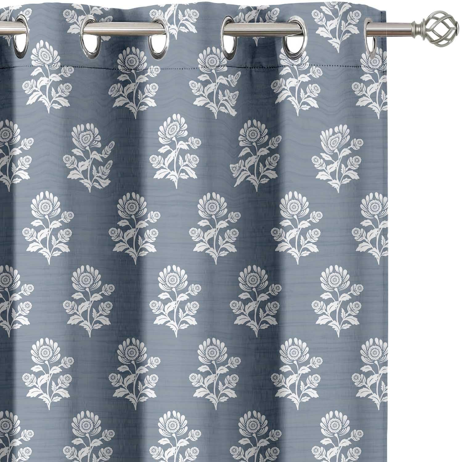 Elegant Floral Block Print Pattern Curtains - Set of 2 Blackout Panels, 42 x 63 Inches - Noise Reducing & Energy-Efficient Room Darkening Window/Door Drapes for Modern Home Decor - Blue