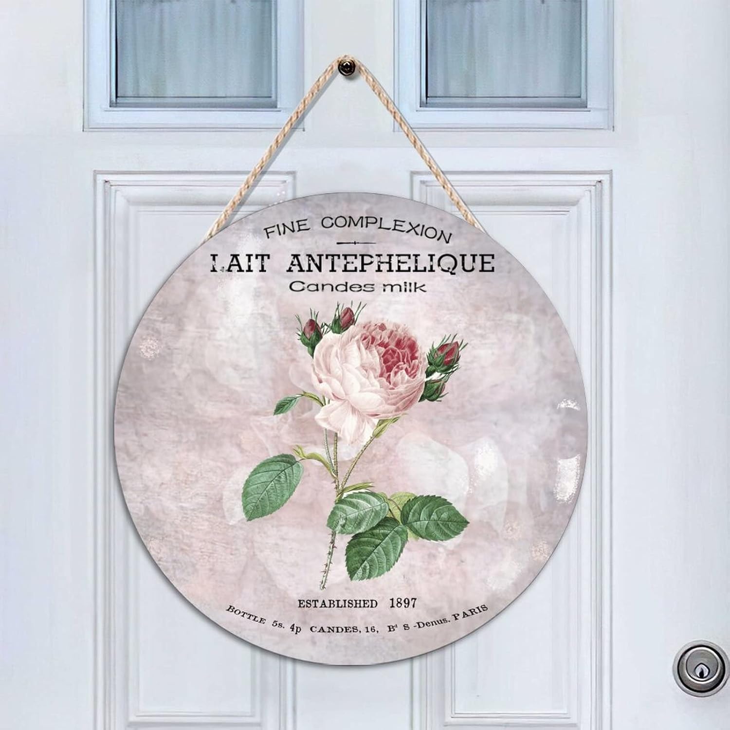 French Vintage Flower Round Door Hanger Sign, Vintage Wood Door Sign, 16x16in Rose Wall Door Hanging Sign Decor for Outdoor Front Porch Front Door Housewarming Gifts