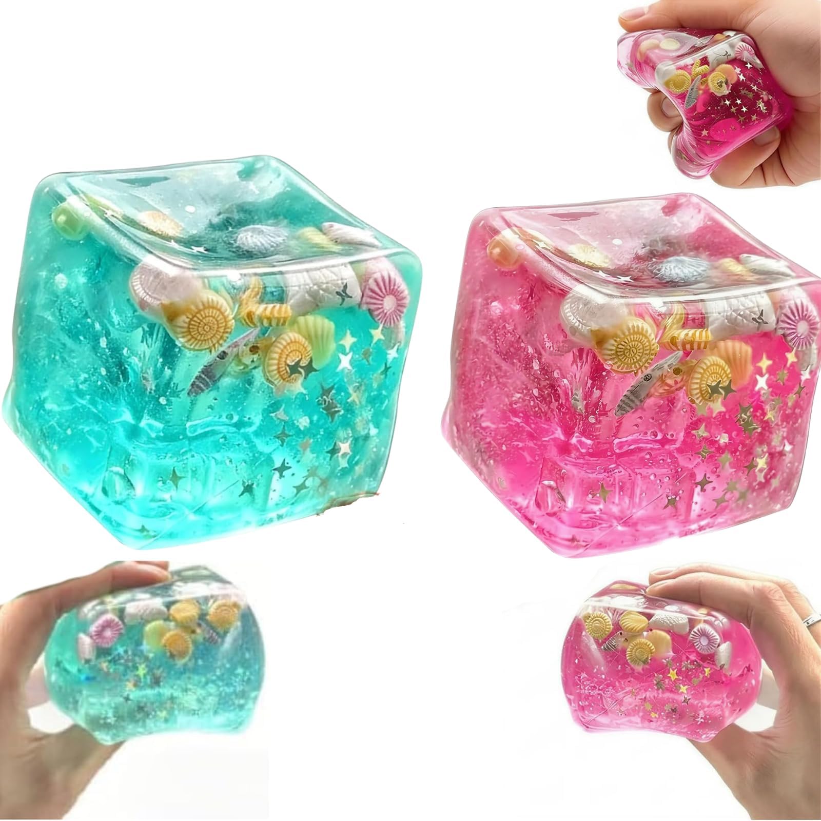 Squishy Cube, Ice Cube Stress Ball Fidget Toy, Ocean Shells Inside Sensory Stress Relief Toys for Adults Teens Classroom Prizes (A+Pink)