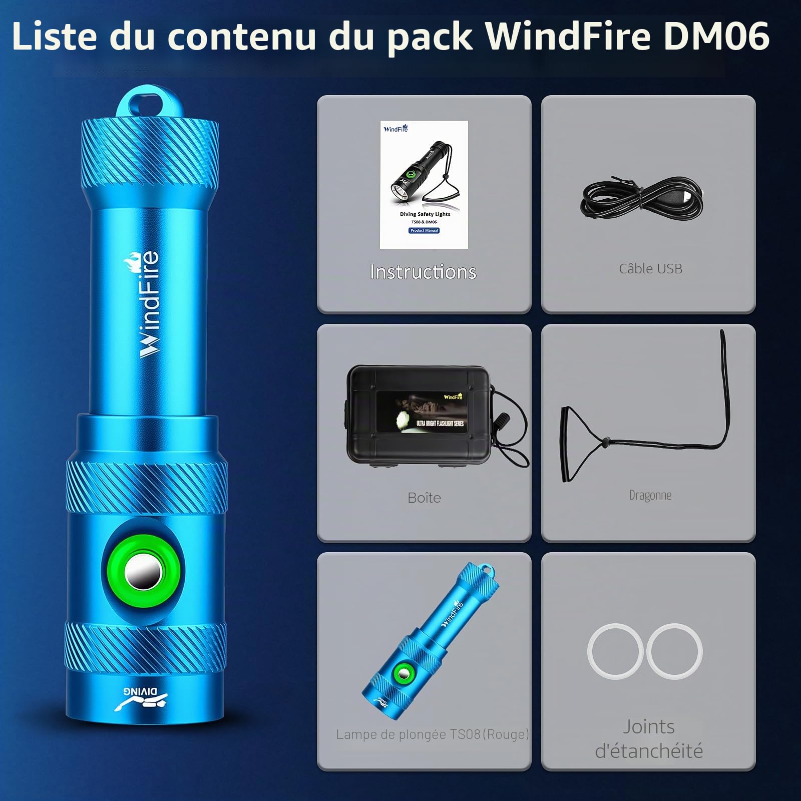 Windfire Lumière de Plongée 6000 LM Lampe de Poche Sous-Marine 3 Modes Indicateur de Puissance, Professionnelle IP68 Lampe de Poche Étanche Rechargeable