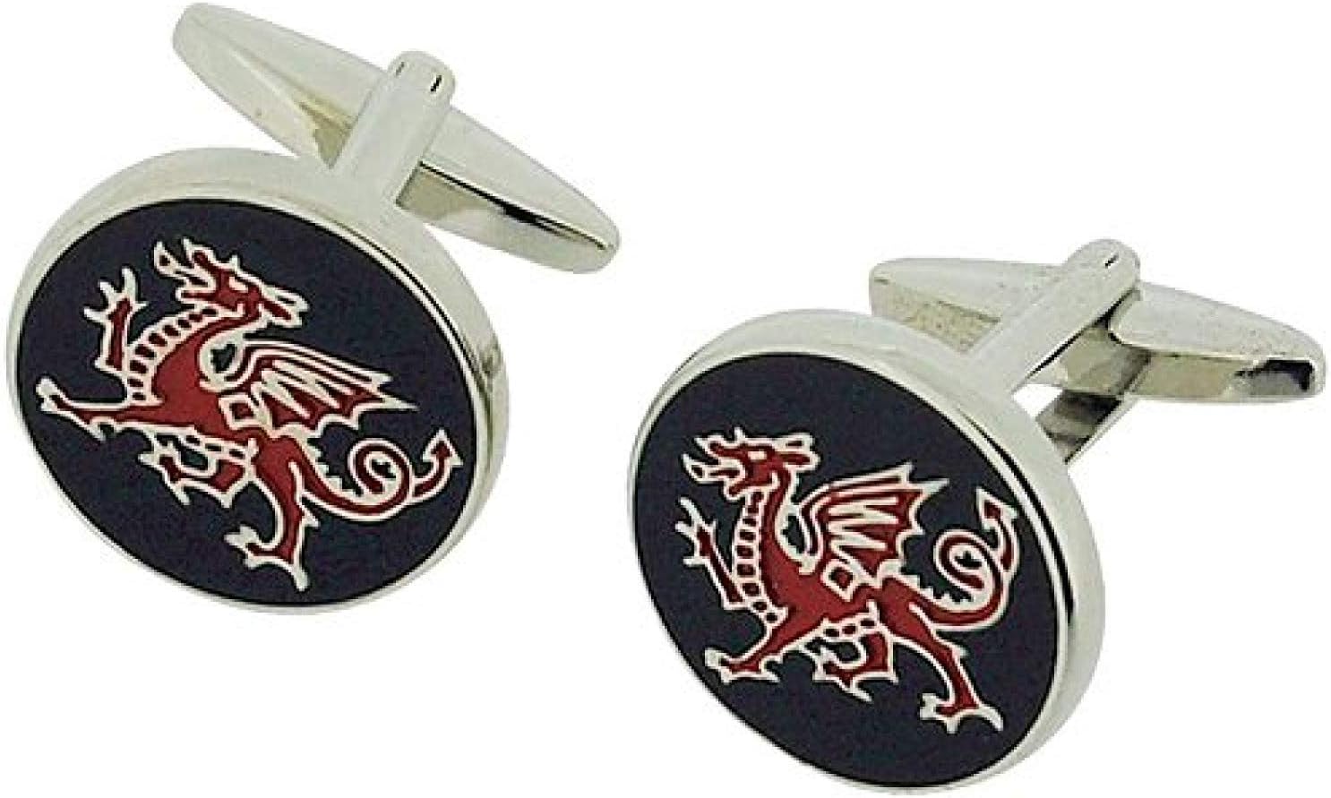 Artamis Rhodium Plated Black & Red Round Dragon Cufflinks In Presentation Box