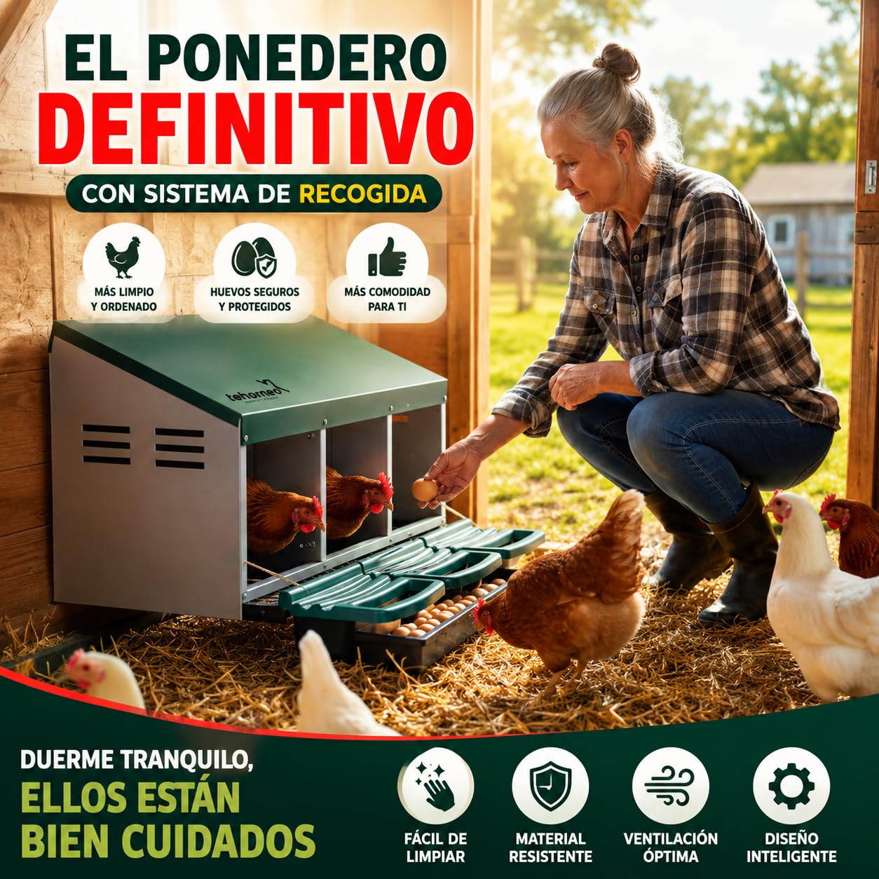 TEHORNEO Ponederos para Gallinas, Ponederos Gallinas 81x51x47 cm de Acero Galvanizado con 3 Departamentos, Apto para 12-15 Aves Ponedoras, Jaula Exterior, Montaje sin Herramientas