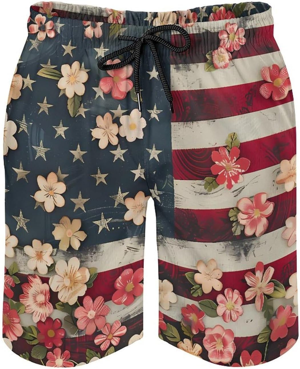 US Flower Flag Casual Men's Swim Trunks Novelty Summer Beach Shorts Swimwear with Pocket