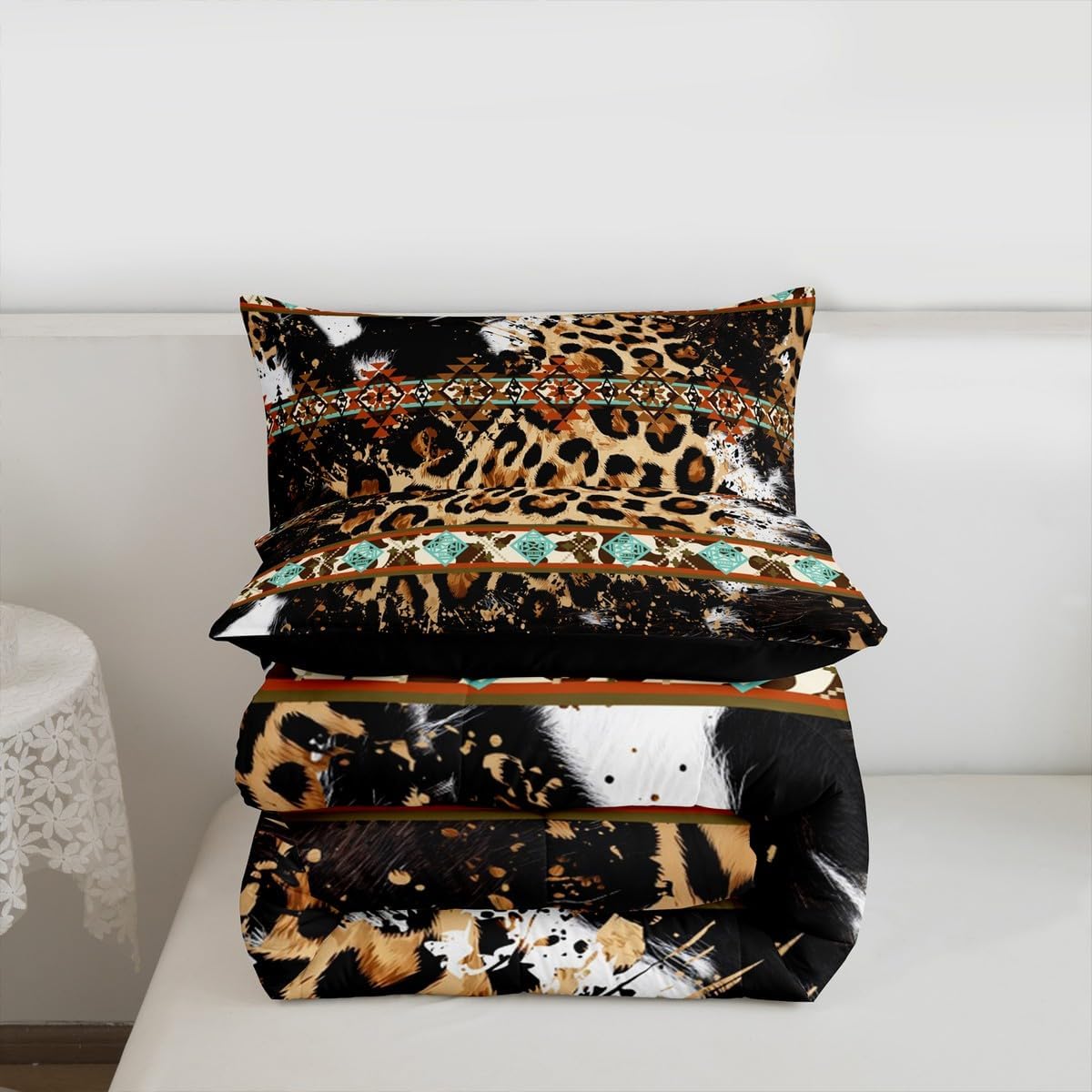 Erosebridal Cowhide Quilt Brown Leopard Print Queen Comforter Set,Western Bedding Set Exotic Aztec Cow Print Down Comforter,Farmhouse Wild Animal Skin Room Decor Cowboys Gifts for Men