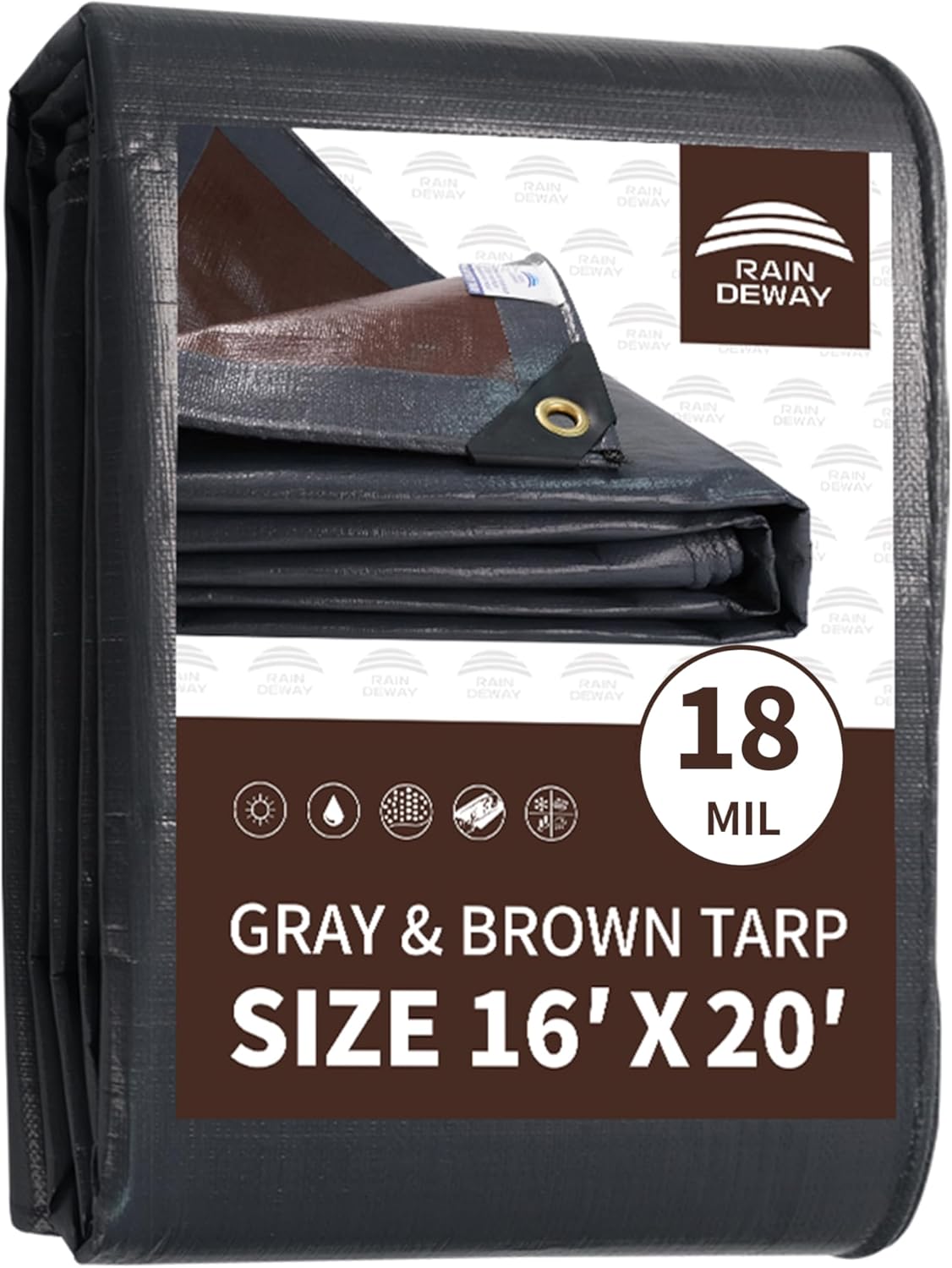 RAINDEWAY 16x20 Feet Super Heavy Duty Tarp 18 Mil, UV Resistant, Weatherproof, Multipurpose Waterproof Poly Tarp with Grommets and Reinforced Edges, Brown/Gray Tarps