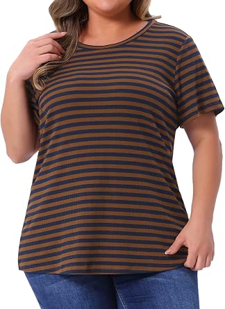 Agnes Orinda Plus Size Stripe t Shirt for Women Short Sleeve Crew Neck Rainbow Striped Top