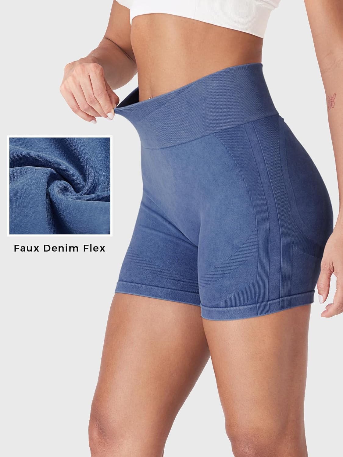 Women Workout Biker Two Pieces Shorts Impact 4.5" Faux Denim No Front Seam Mid Waist Hidden Scrunch Lifting Yoga Gym Shorts