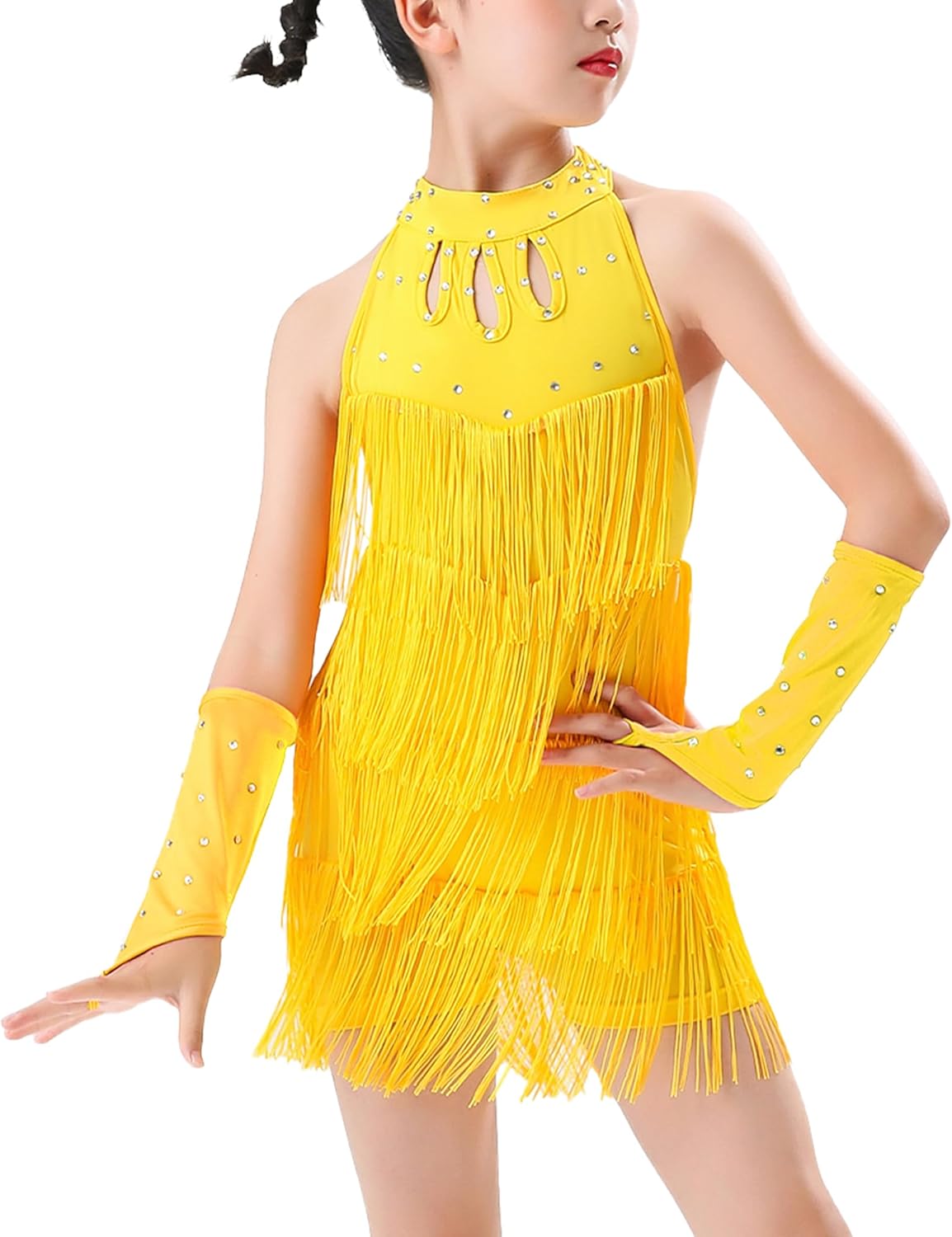 Happy Cherry Girls Latin Dance Outfits Rhinestones Tassel Halter Fringe Kids Ballroom Cha Cha Dance Dress