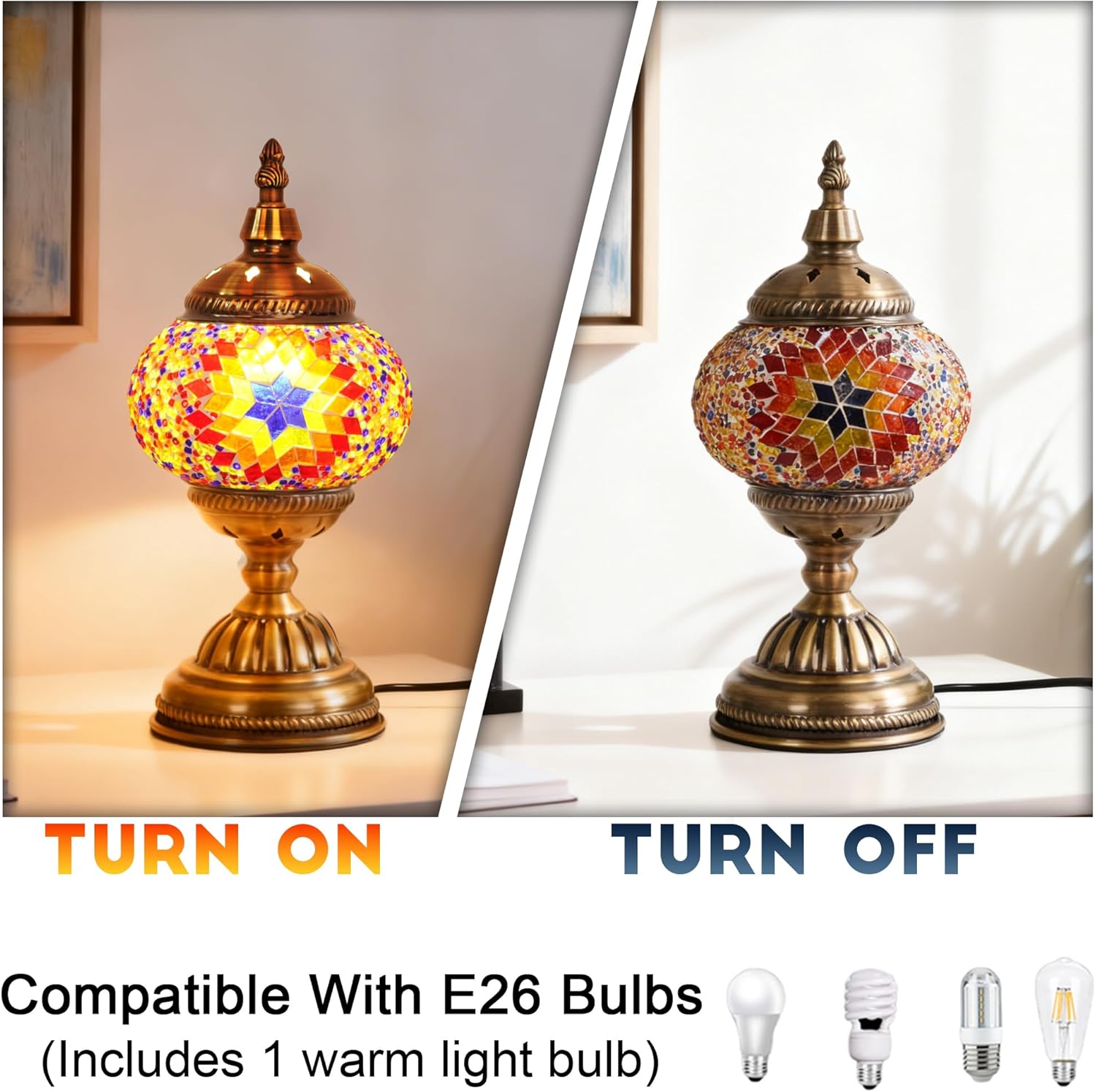 Turkish Table Lamp, Vintage Style Handmade Stained Glass Moroccan Mosaic Lamp with Bronze Base Including E26 Bulb for Living Room Bedroom Decor