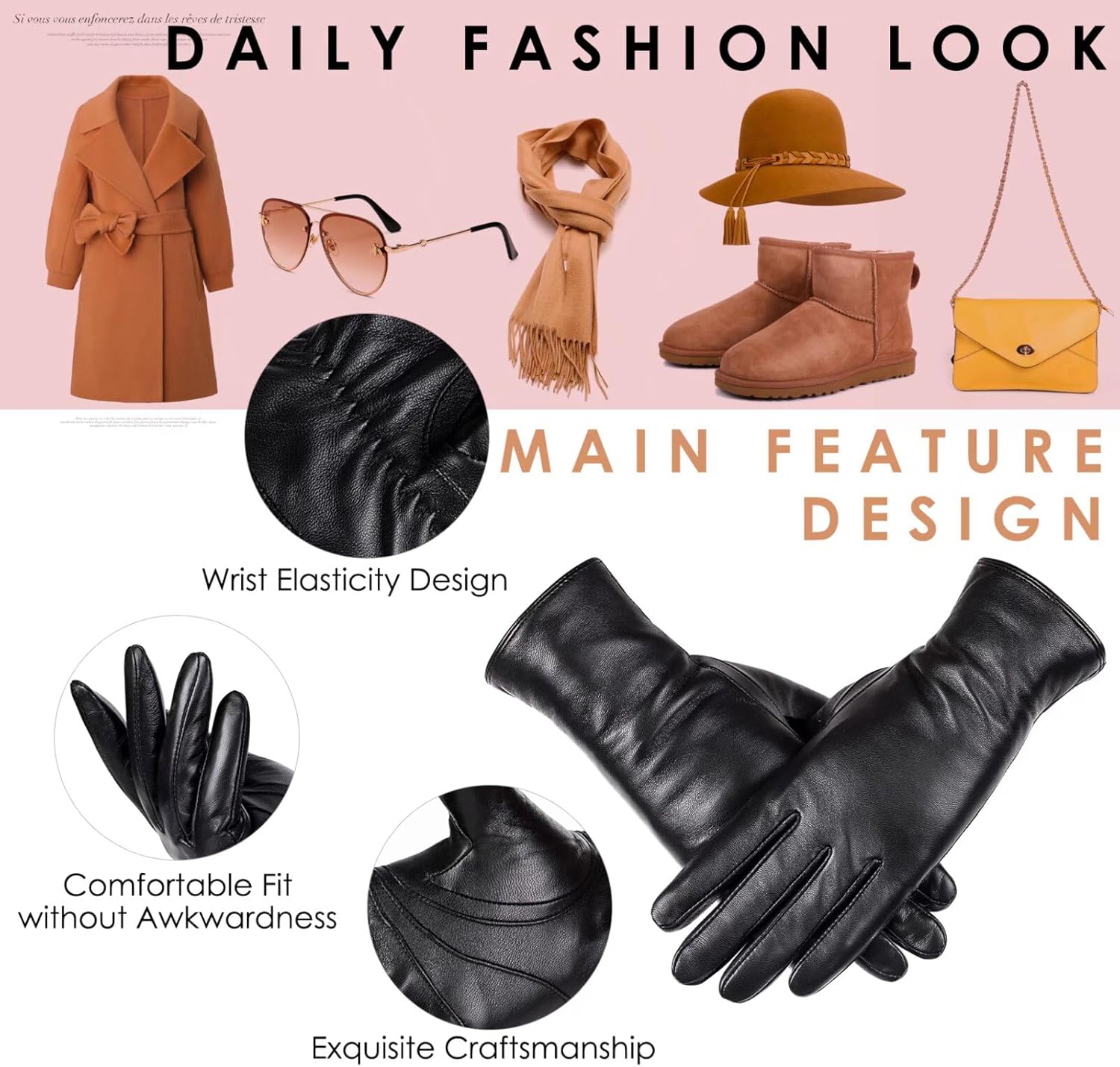 Winter Sheepskin Leather Gloves for Women, Fashion Driving Touchscreen Handwear with Thermal Cashmere Lining - Image 4