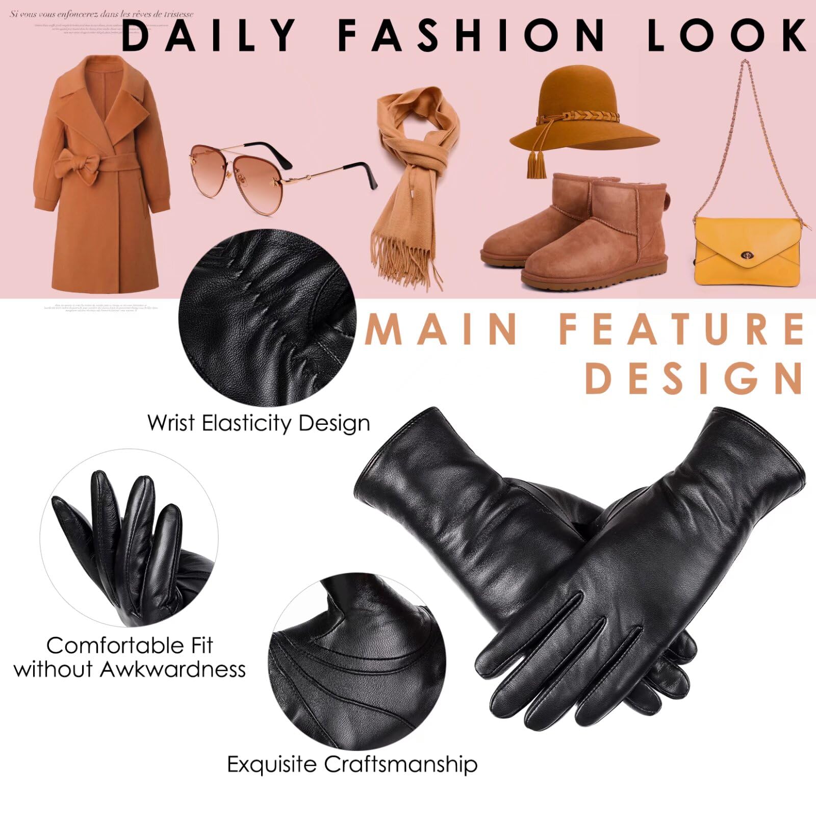 Guantes de piel de oveja de invierno para mujer, moda para conducir, pantalla táctil, con forro térmico de cachemira