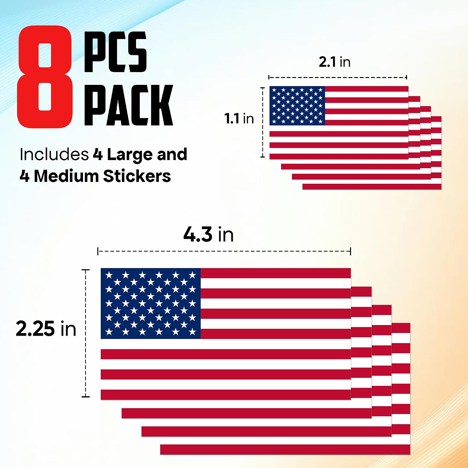 American Flag Stickers & Decals (8 Pcs) – Weatherproof USA Flag Sticker Pack - Durable Vinyl American Flag Decals for Cars, Trucks, Laptops, Tumblers, Windows, Bumpers, Water Bottles & More - 2 Sizes