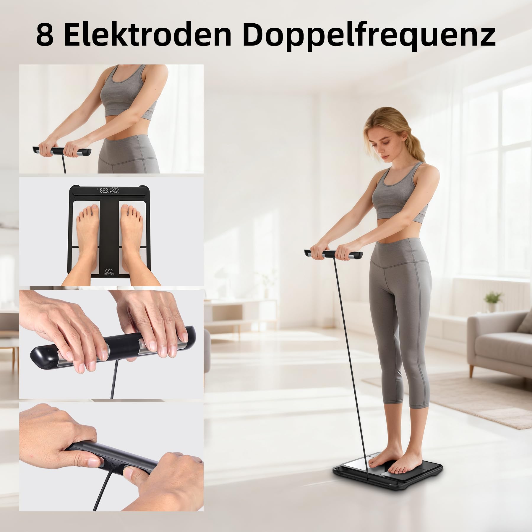 Körperfettwaage SEAWOW, Digitale Personenwaage mit 8 Elektroden, Waage mit Körperfett und Muskelmasse, BMI, Körperfett und Analyse von 28 Körperparametern, mit LED-Anzeige am einziehbaren Griff