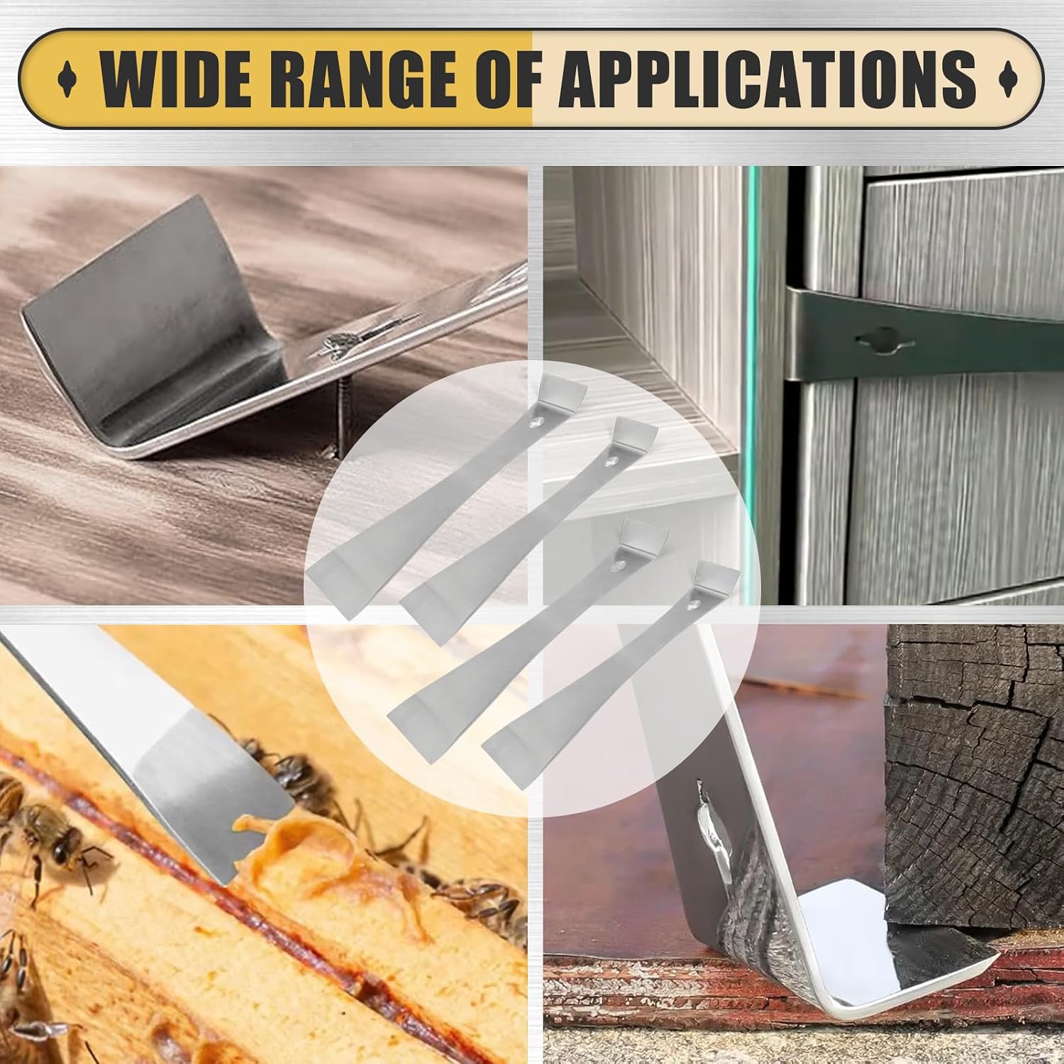 4-Piece 17005 Stainless Steel Pry Bar Scraper Set, 9.25" and 6.7" Trim Puller, Small Flat Pry Bar, Silver Beekeeping Hive Scraper, Bee Hive Hand Tool, 2 Sizes