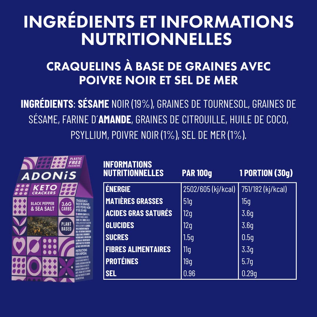 Craquantes Adonis Keto Olive et Graines de Chia (lot de 10 cracker de 60g) | Végétalien et Keto l 100% Naturel (Poivre Noir & Sel Marin)