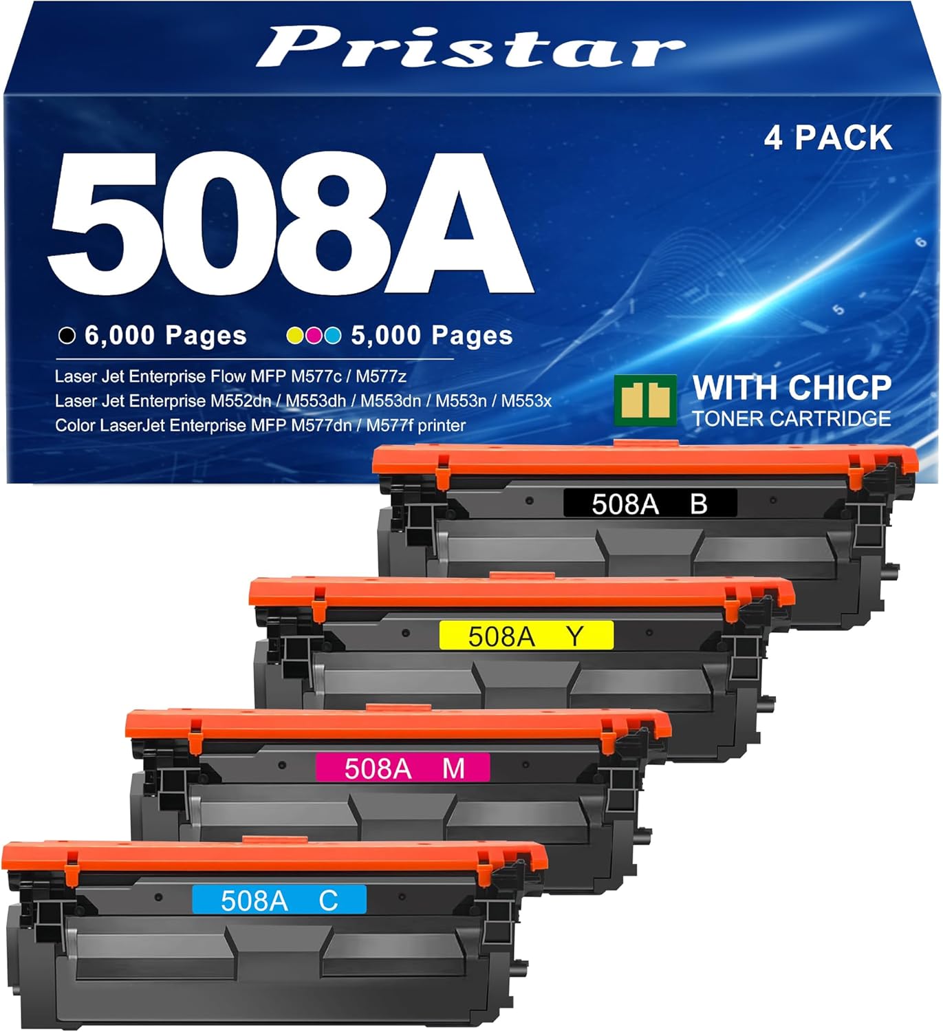 508A Toner Cartridges 4 Pack (with Chip) Compatible for HP 508A 508X Replacement for HP Color Laser Jet Enterprise M577dn M577f M552dn M553dh M553dn M553n M553x Printer (Black/Cyan/Magenta/Yellow)