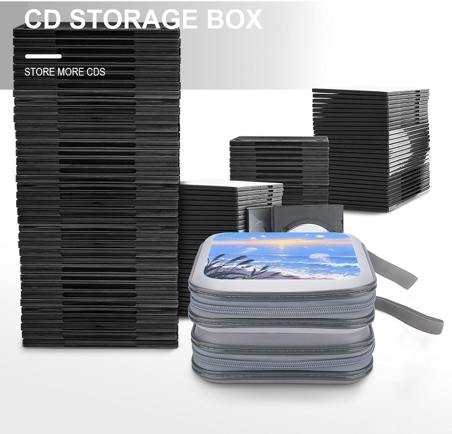 Black And White Elephant Blue Sunset Seaside Abstract Art Graffiti CD Case Hard Plastic 40 Capacity DVD Case Holders Wallet Portable Zipper CD Case DVD Storage Binder Disc Storage Organizer for Car Ho