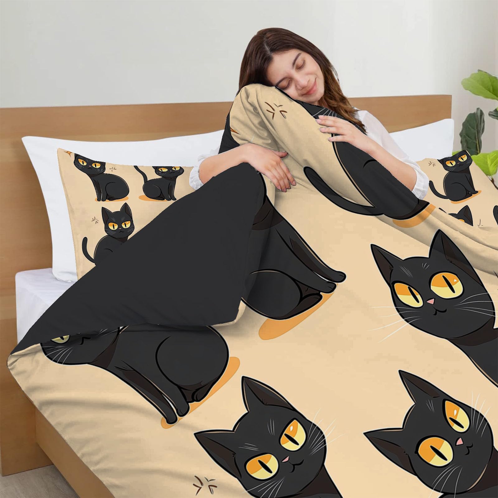 Gato Negro Sencillo Juego de Funda Nórdica 3 Piezas Cama 105 Microfibra Extra Suave Transpirable, Animales Funda Edredón 200x200cm y 2 Fundas de Almohada 50x75 cm