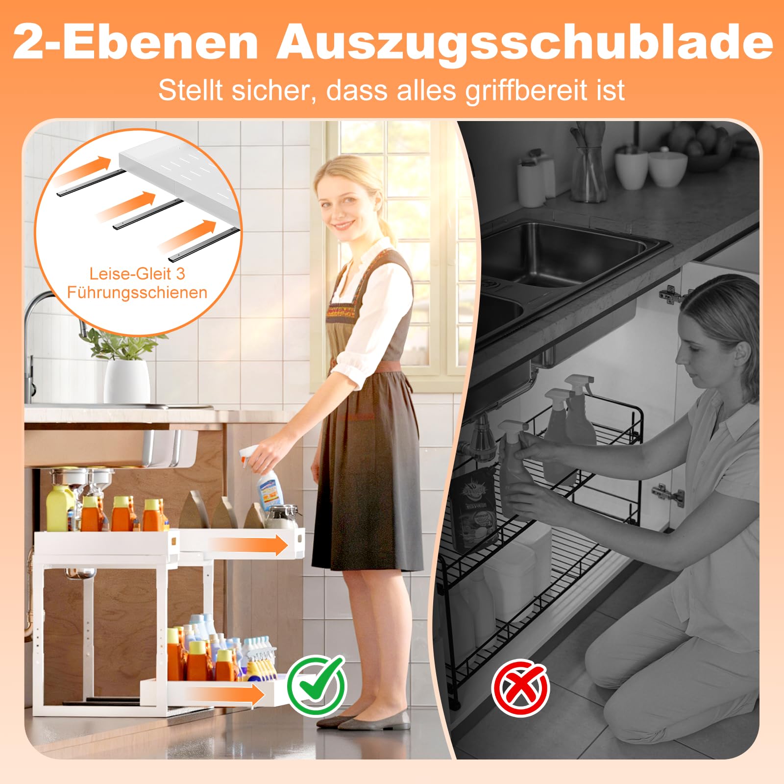YJHome Upgrade 1 Stück Spülschrank Organizer Ausziehbare, Größe Metall Metall Spülenunterschrank Organizer Verstellbare Breite Höhe Under Sink Organizer für Küche, Bad, Unterschrank, Weiß