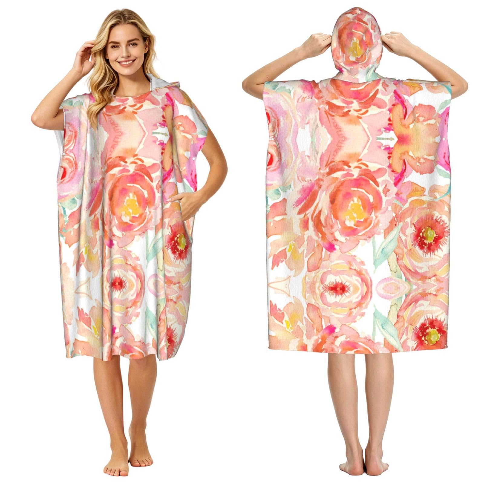 Peignoir à capuche imprimé pivoine pour adulte - Poncho éponge léger et séchage rapide