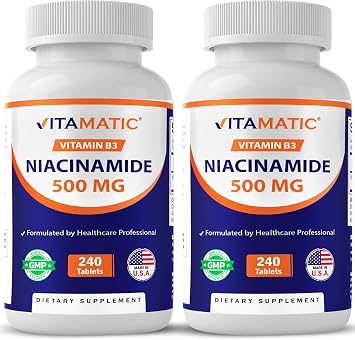 Vitamatic Niacinamide 500 mg 240 Tablets - Flush Free Vitamin B3 - Supports Energy Production-2 Pack