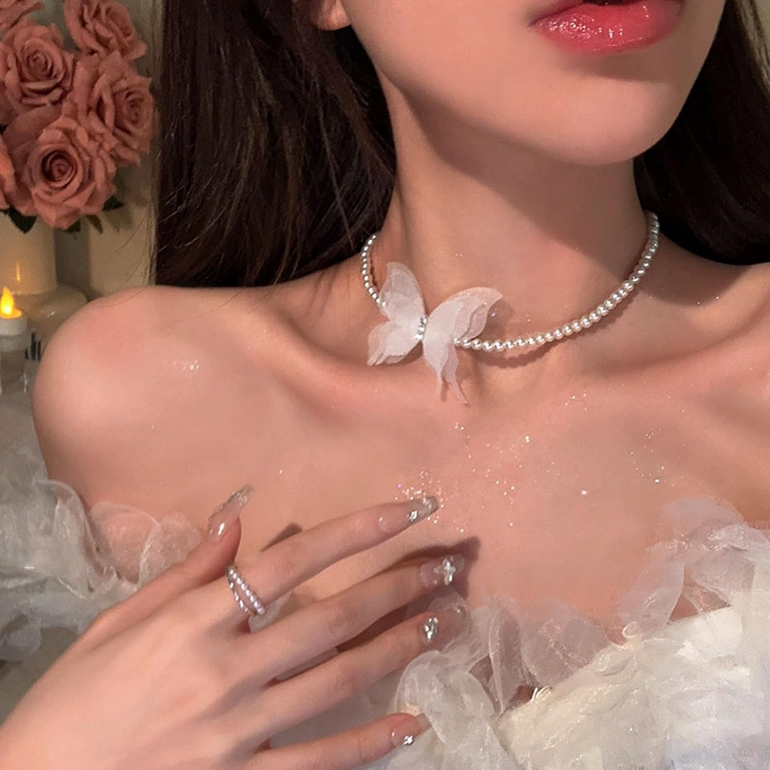 Vintage Pearl Butterfly Choker Necklace White Tulle Butterfly Necklaces Short Pearl Chain Necklaces Minimalist Collar Necklace Jewelry for Women - Image 5