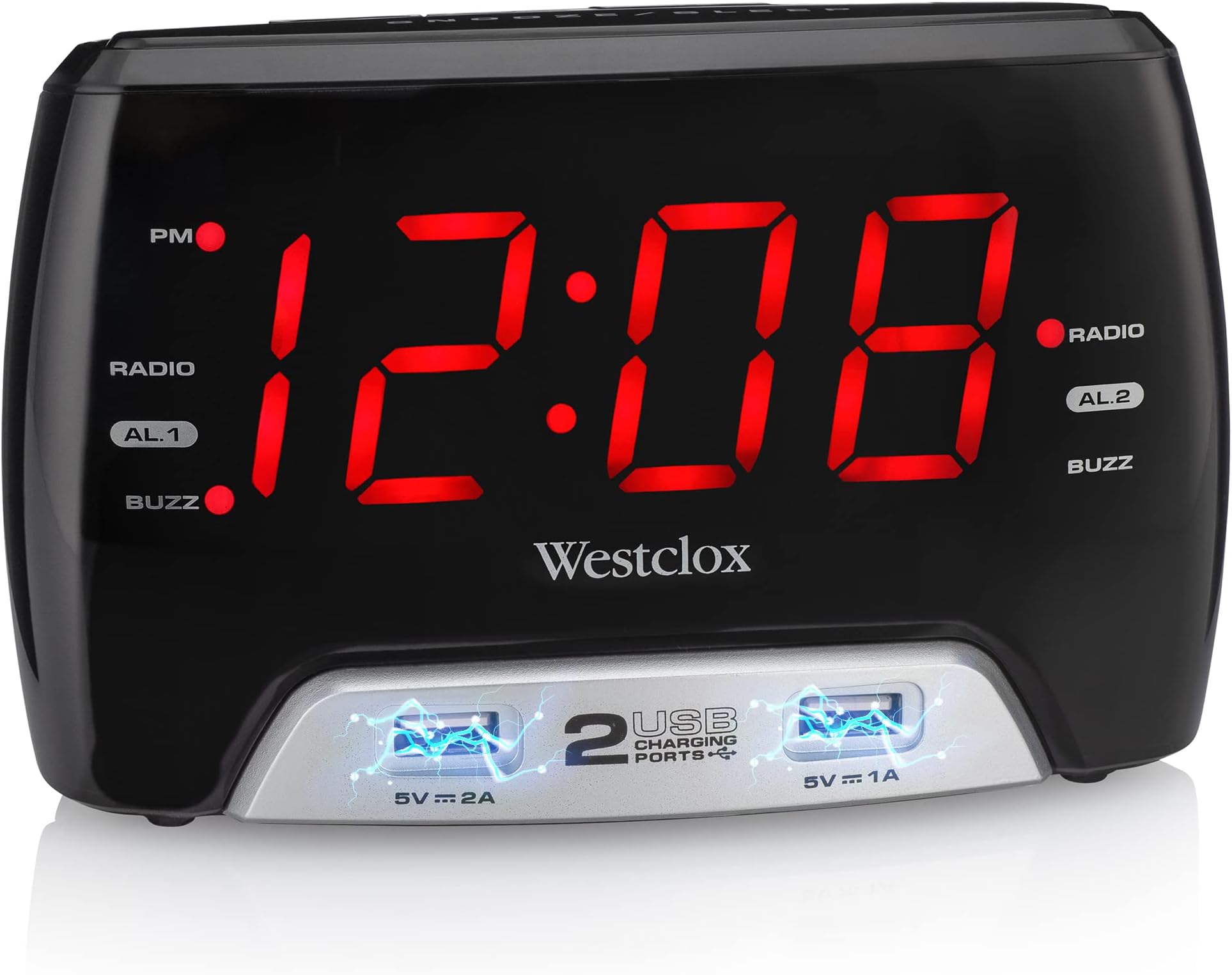Large 1.4” Red LED Digital FM Clock Radio with Dual USB A & C Charging Ports, Adjustable Brightness, Dual Alarms & Sleep Timer – Modern Alarm Clock for Bedroom, Home, or Office (Black)