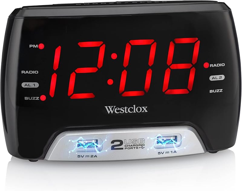 Westclox Radio reloj digital FM LED rojo grande de 1,4 pulgadas con puertos de carga duales USB A y C, brillo ajustable, alarmas duales y temporizador de apagado – Reloj despertador moderno para dormitorio, hogar u oficina (negro)