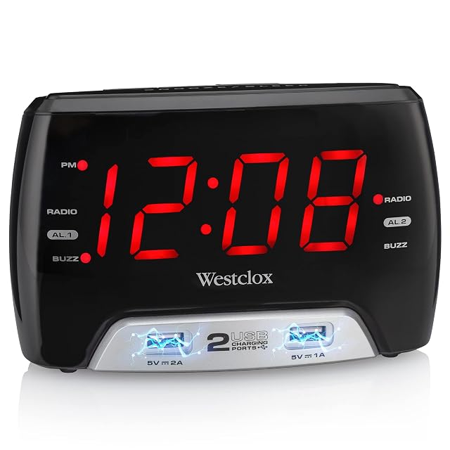 Westclox Large 1 4 Red LED Digital FM Clock Radio with Dual USB A C Charging Ports Adjustable