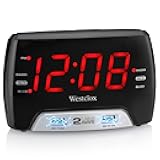 Westclox Large 1.4” Red LED Digital FM Clock Radio with Dual USB A & C Charging Ports, Adjustable Brightness, Dual Alarms & Sleep Timer – Modern Alarm Clock for Bedroom, Home, or Office (Black)